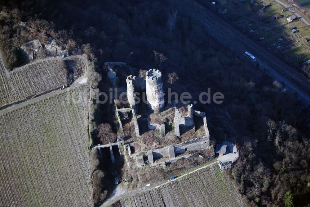 Rheindiebach aus der Vogelperspektive: Burgruine der Burg Fürstenberg über Rheindiebach im Bundesland Rheinland-Pfalz