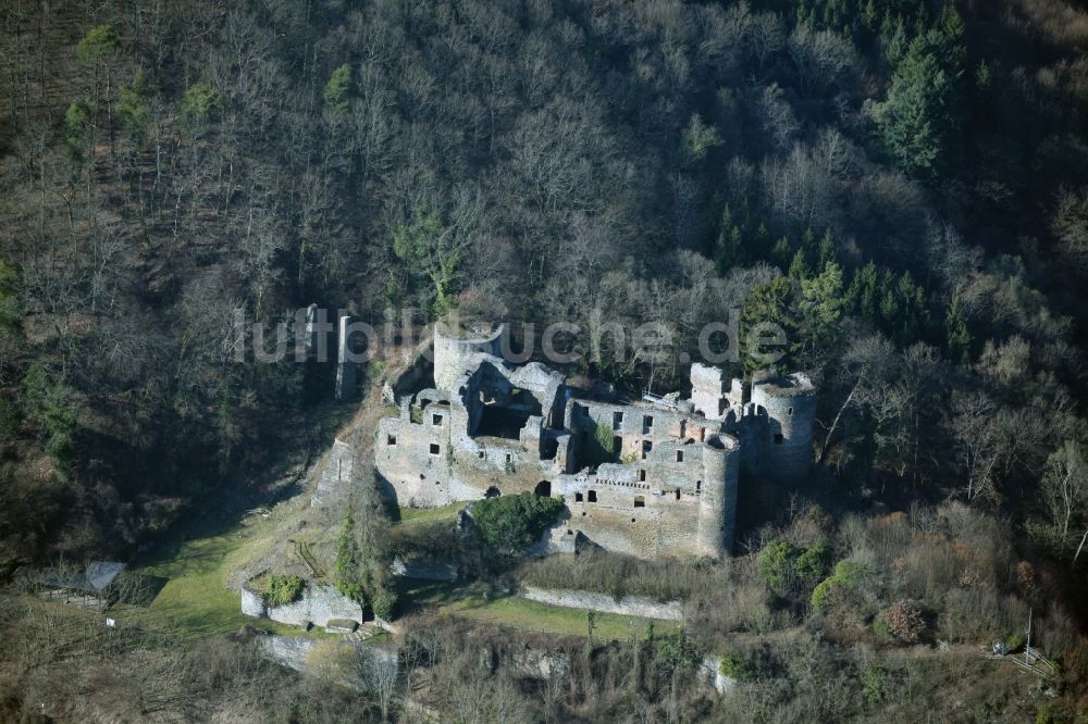 Dalberg von oben - Burgruine Dalburg bei Dalberg in Rheinland-Pfalz