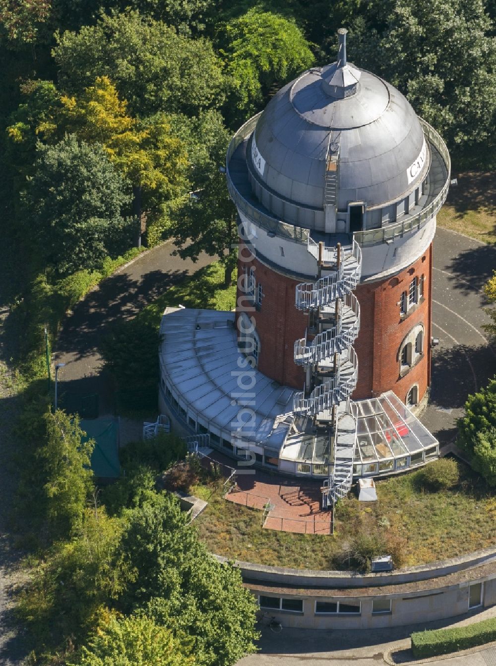 Mülheim an der Ruhr aus der Vogelperspektive: Camera Obscura , ehemaliger Wasserturm auf dem ehemaligen Landesgartenschaugeländes MüGa in Mülheim an der Ruhr im Bundesland Nordrhein-Westfalen NRW