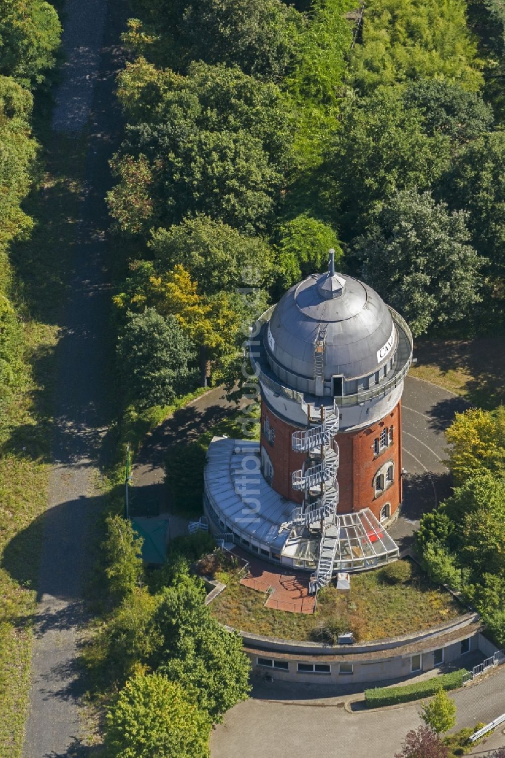 Luftbild Mülheim an der Ruhr - Camera Obscura , ehemaliger Wasserturm auf dem ehemaligen Landesgartenschaugeländes MüGa in Mülheim an der Ruhr im Bundesland Nordrhein-Westfalen NRW