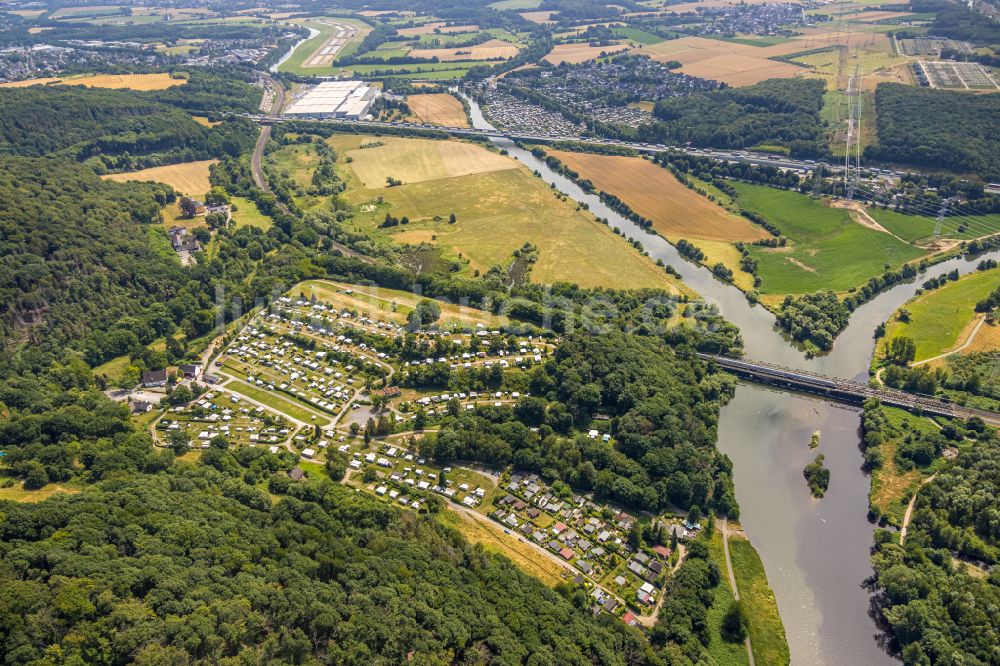 Luftbild Dortmund - Campingplatz am Flußufer des Fluss Ruhr in Dortmund im Bundesland Nordrhein-Westfalen, Deutschland