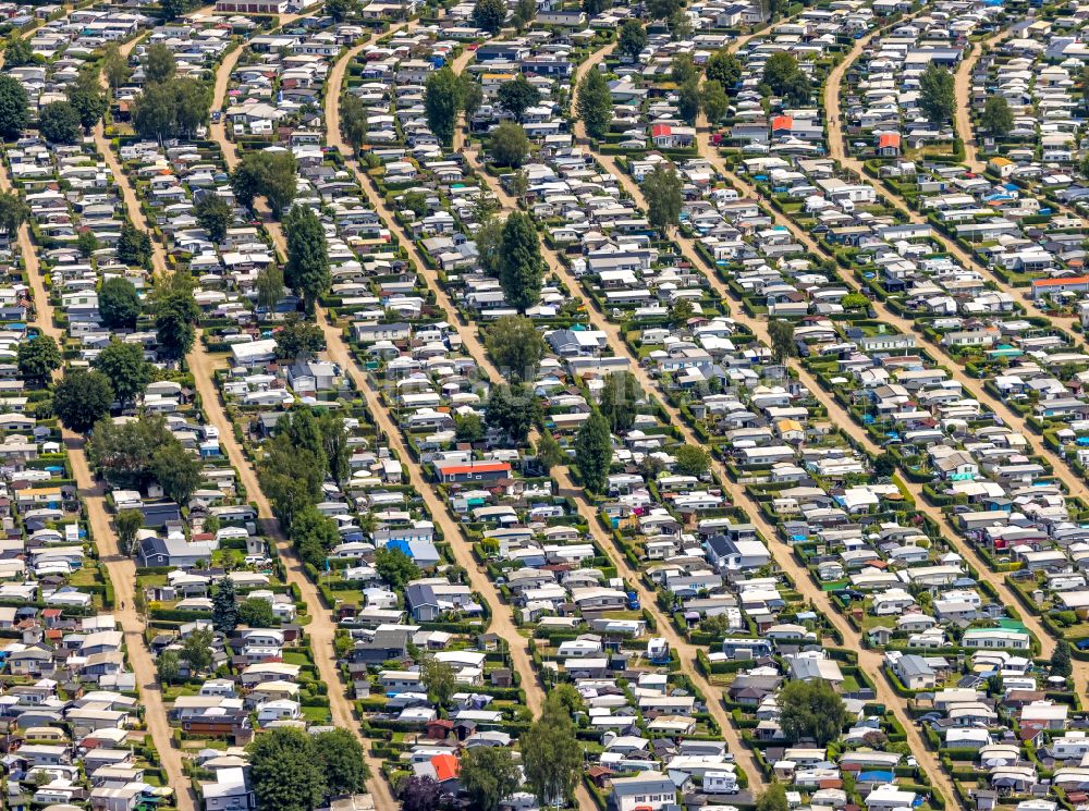 Wesel von oben - Campingplatz Gravinsel mit Wohnwagen und Zelten am Rhein in Wesel im Bundesland Nordrhein-Westfalen, Deutschland