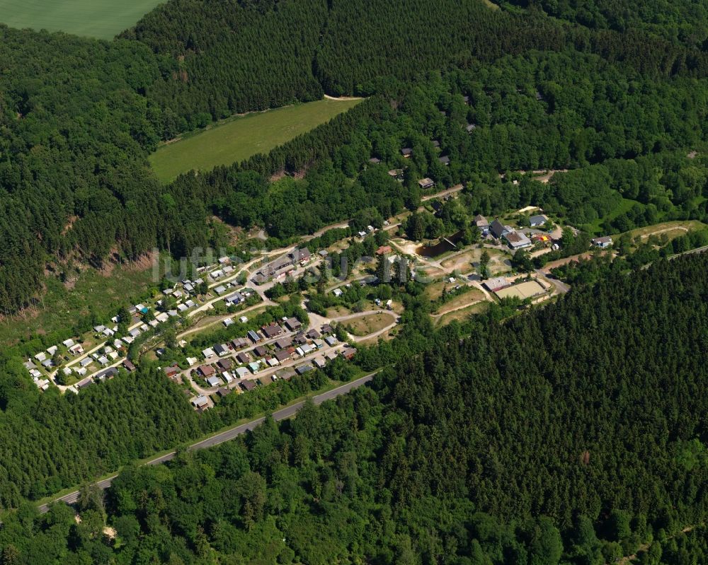 Mörschied von oben - Campingplatz Harfenmühle, mit Wohnwagen und Zelten, in Mörschied im Bundesland Rheinland-Pfalz