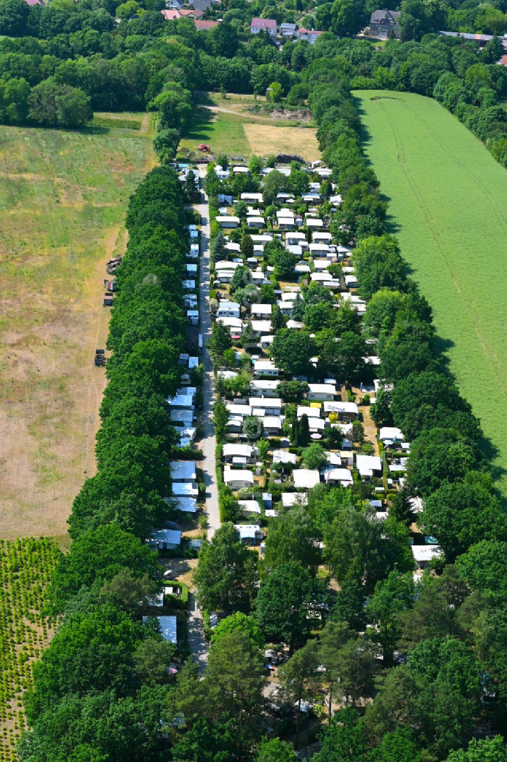 Tiefensee aus der Vogelperspektive: Campingplatz mit Wohnwagen und Zelten in Tiefensee im Bundesland Brandenburg, Deutschland