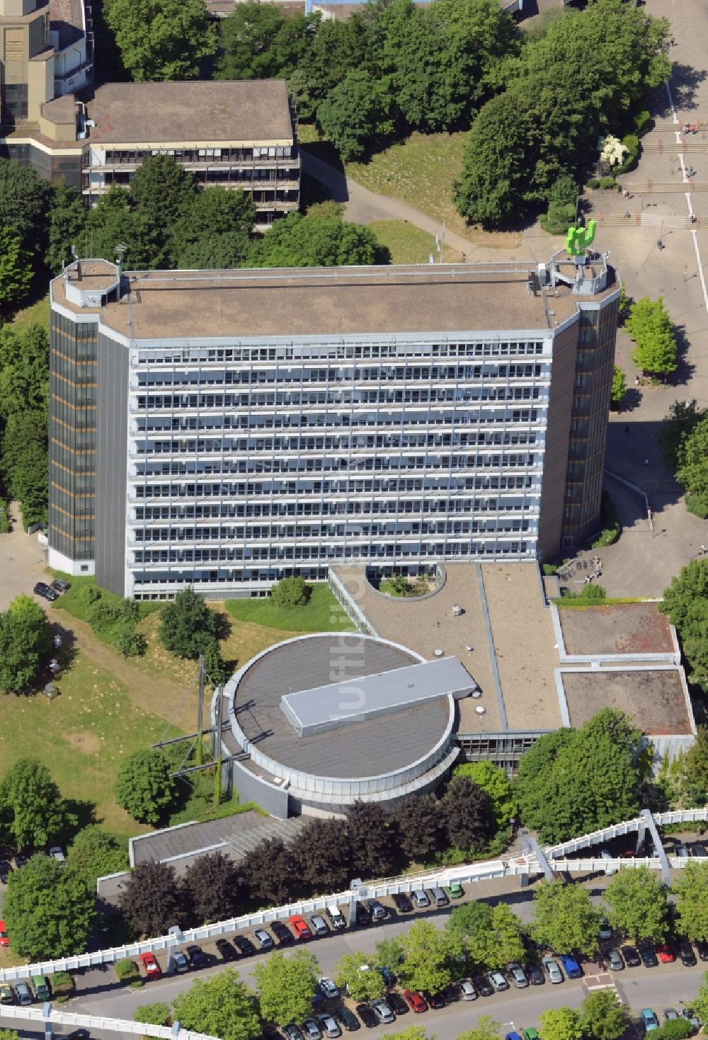 Luftaufnahme Dortmund - Campus- Gebäude der Universität mit dem TU Hochhaus und Audimax in Dortmund im Bundesland Nordrhein-Westfalen