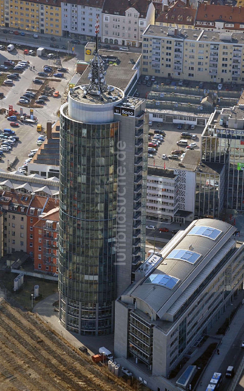 Luftbild München - Central Tower , dem Sitz der 118000 AG in München im Bundesland Bayern