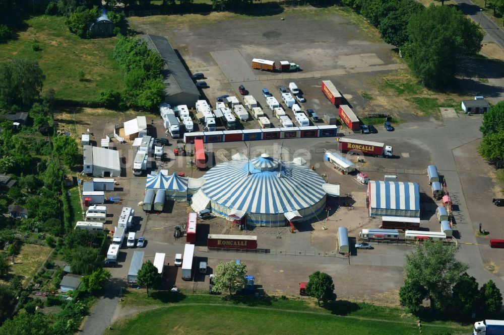 Magdeburg aus der Vogelperspektive: Circus- Zelt- Kuppeln des Zirkus Roncalli auf dem Messeplatz in Magdeburg im Bundesland Sachsen-Anhalt