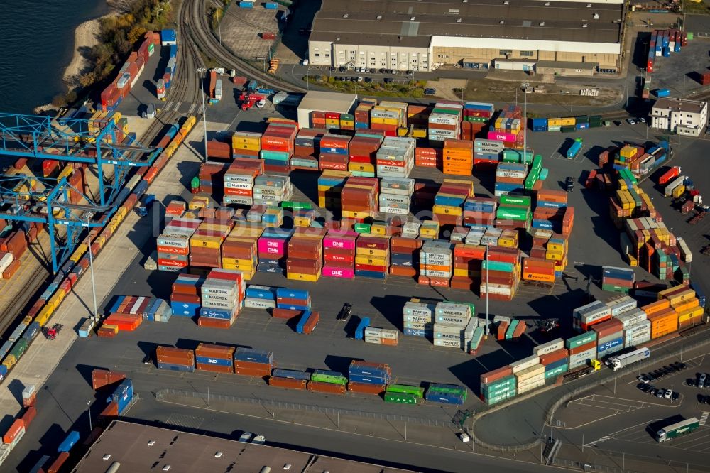 Luftaufnahme Duisburg - Container- Terminal im GVZ Güterverkehrszentrum in Duisburg im Bundesland Nordrhein-Westfalen, Deutschland