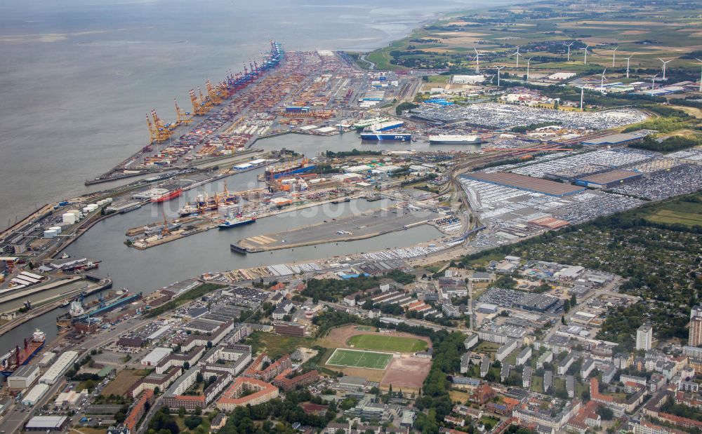 Luftaufnahme Bremerhaven - Containerterminal im Containerhafen des Überseehafen in Bremerhaven im Bundesland Bremen, Deutschland