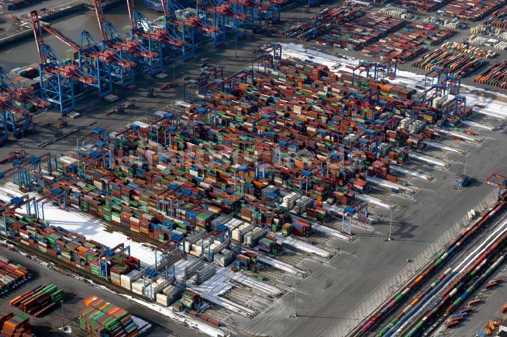 Hamburg aus der Vogelperspektive: Containerterminal im Containerhafen des Überseehafen Hamburg in Hamburg, Deutschland