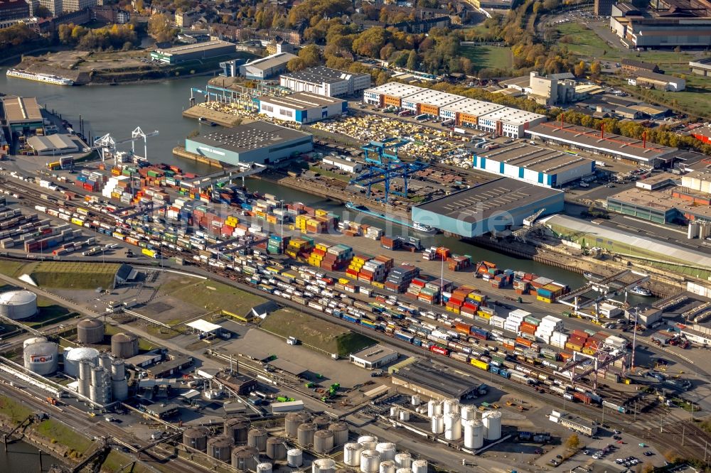 Duisburg aus der Vogelperspektive: Containerterminal im Containerhafen des Binnenhafen am Hafenkanal im Ortsteil Ruhrort in Duisburg im Bundesland Nordrhein-Westfalen, Deutschland