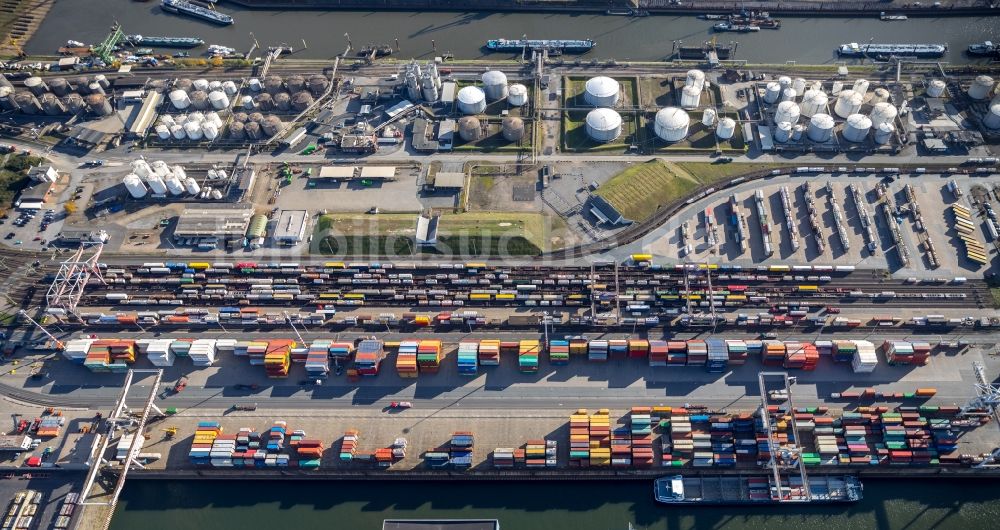 Duisburg aus der Vogelperspektive: Containerterminal im Containerhafen des Binnenhafen am Hafenkanal im Ortsteil Ruhrort in Duisburg im Bundesland Nordrhein-Westfalen, Deutschland