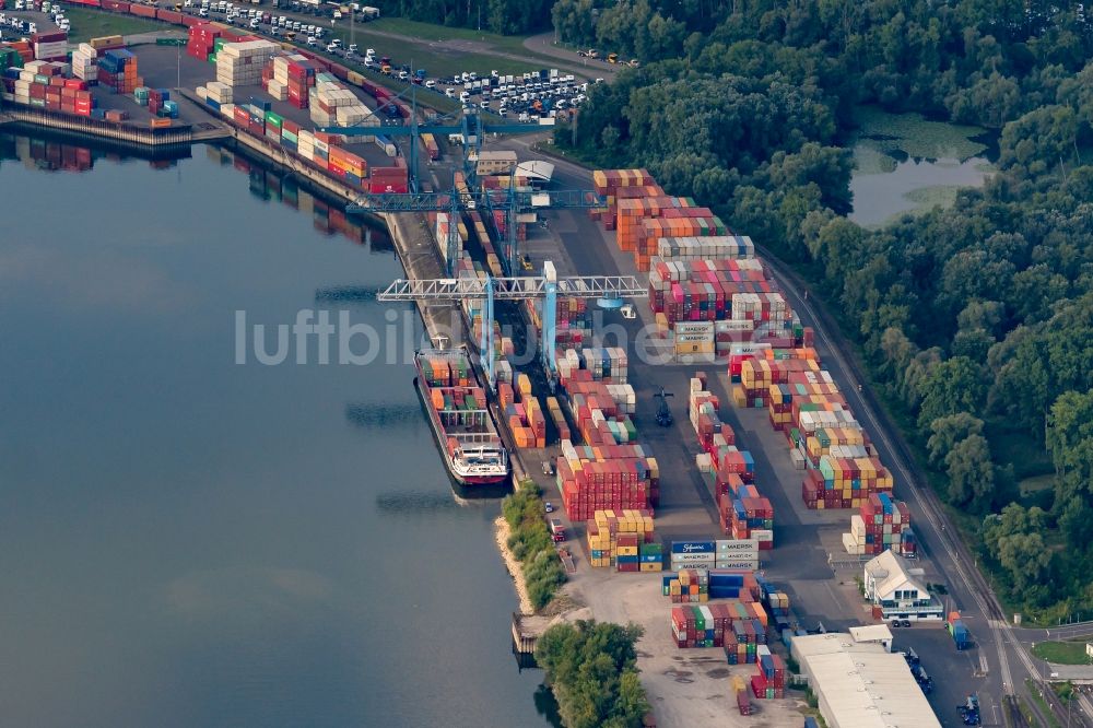 Luftaufnahme Wörth am Rhein - Containerterminal im Containerhafen des Binnenhafen Karlsruhe in Wörth am Rhein im Bundesland Rheinland-Pfalz, Deutschland