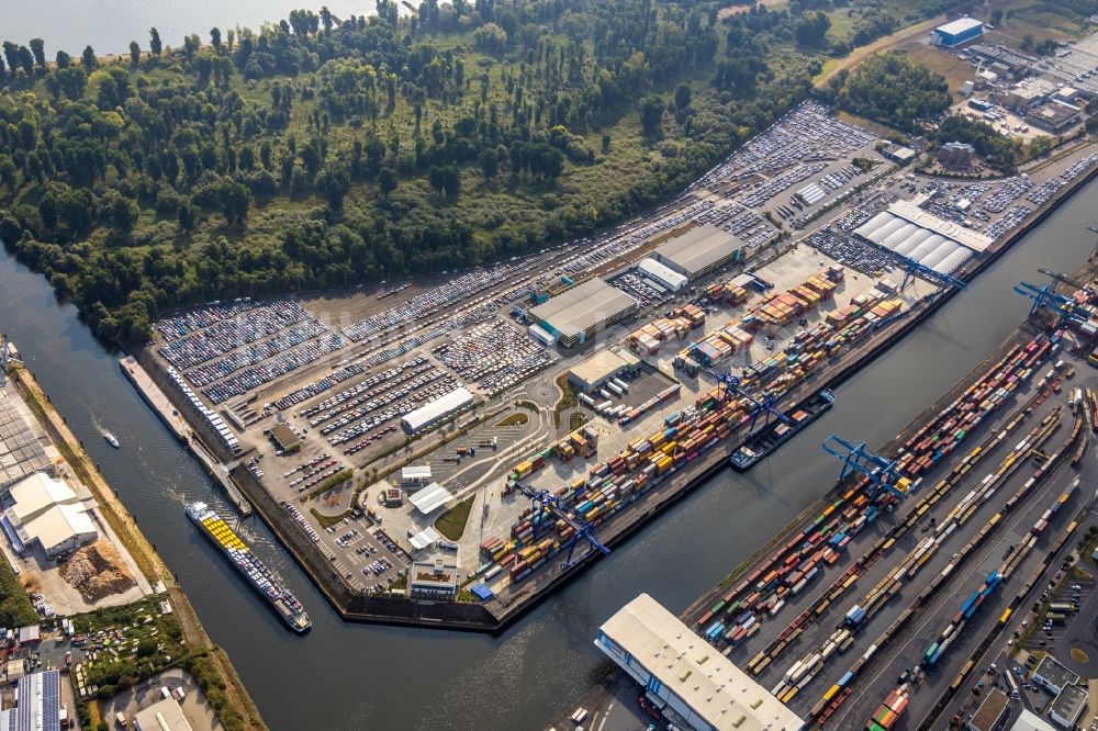 Neuss von oben - Containerterminal im Containerhafen des Binnenhafen in Neuss im Bundesland Nordrhein-Westfalen, Deutschland