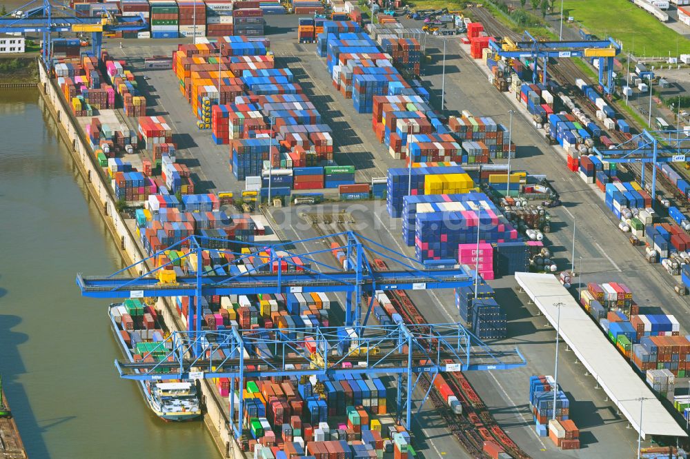 Duisburg von oben - Containerterminal im Containerhafen des Binnenhafen am Rhein bei Hochwasser im Ortsteil Friemersheim in Duisburg im Bundesland Nordrhein-Westfalen, Deutschland