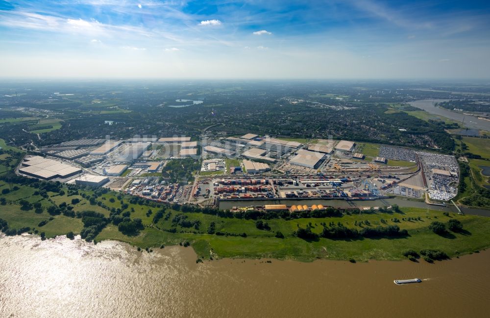 Luftbild Duisburg - Containerterminal im Containerhafen des Binnenhafen Rheinhausen am Ufer des Hochwasser führenden Flußverlaufes des Rhein in Duisburg im Bundesland Nordrhein-Westfalen