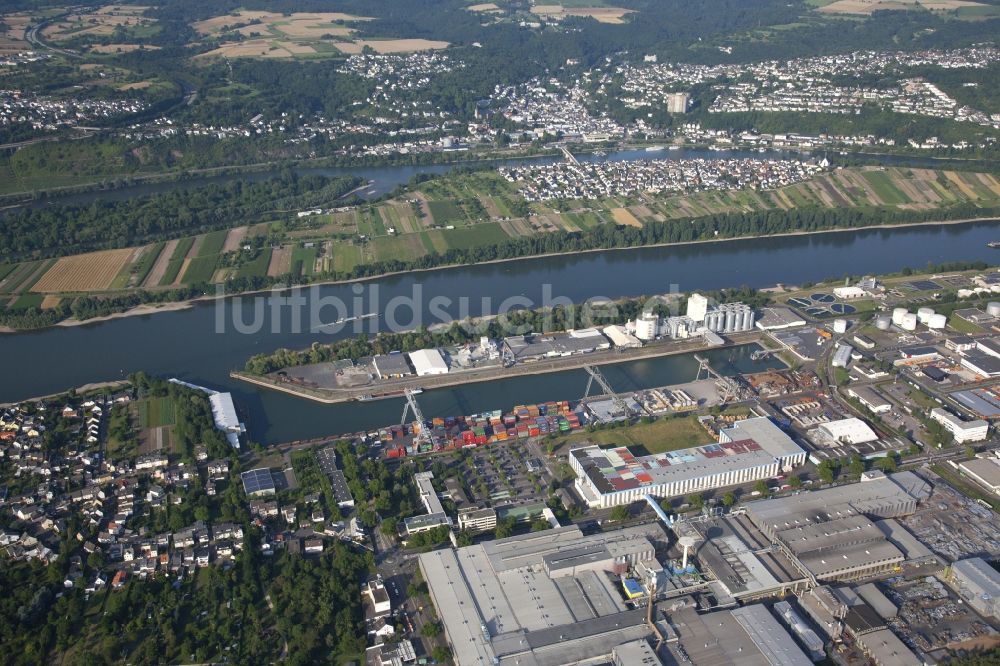 Koblenz aus der Vogelperspektive: Containerterminal im Containerhafen des Binnenhafens Rheinhafen im Ortsteil Kesselheim in Koblenz im Bundesland Rheinland-Pfalz, Deutschland