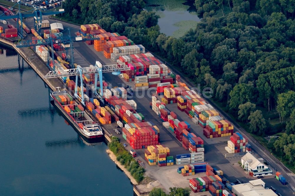 Luftbild Wörth am Rhein - Containerterminal im Containerhafen am Landeshafen in Wörth im Bundesland Rheinland-Pfalz, Deutschland