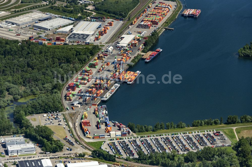 Luftbild Wörth am Rhein - Containerterminal im Containerhafen am Landeshafen in Wörth im Bundesland Rheinland-Pfalz, Deutschland