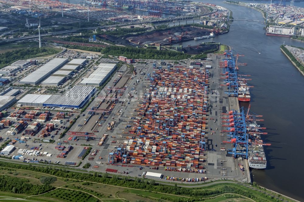 Hamburg aus der Vogelperspektive: Containerterminal HHLA Container Terminal Altenwerder (CTA) am Ufer der Elbe im Stadtteil Altenwerder in Hamburg