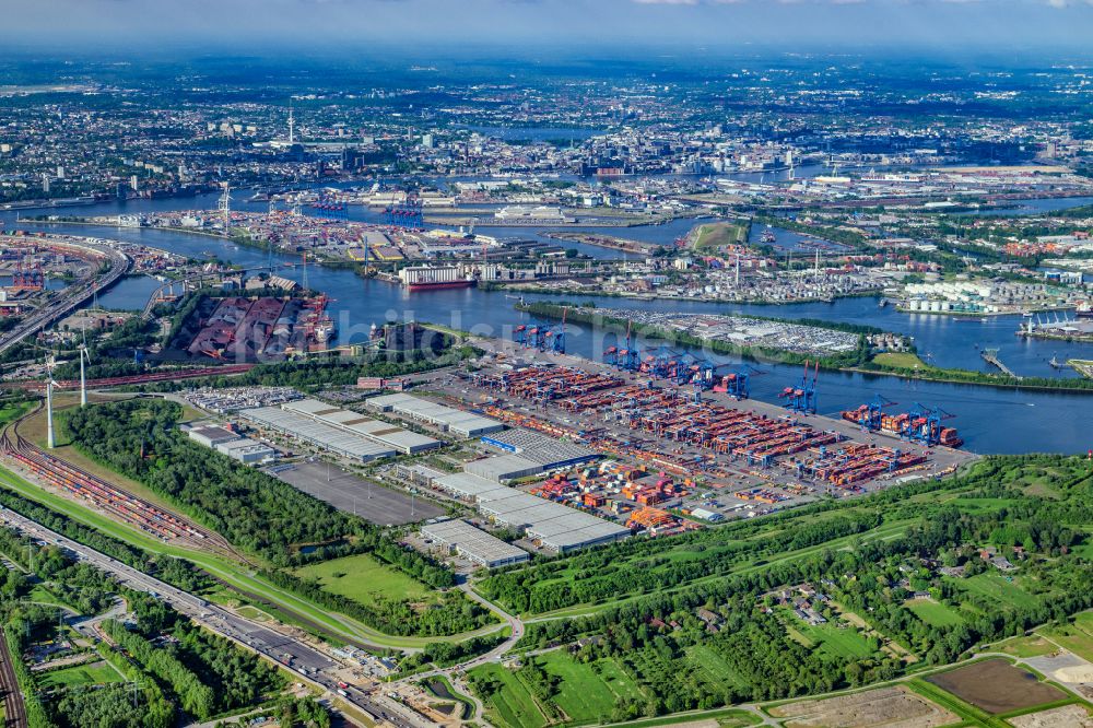 Hamburg von oben - Containerterminal HHLA Container Terminal Altenwerder (CTA) am Ufer der Elbe im Stadtteil Altenwerder in Hamburg