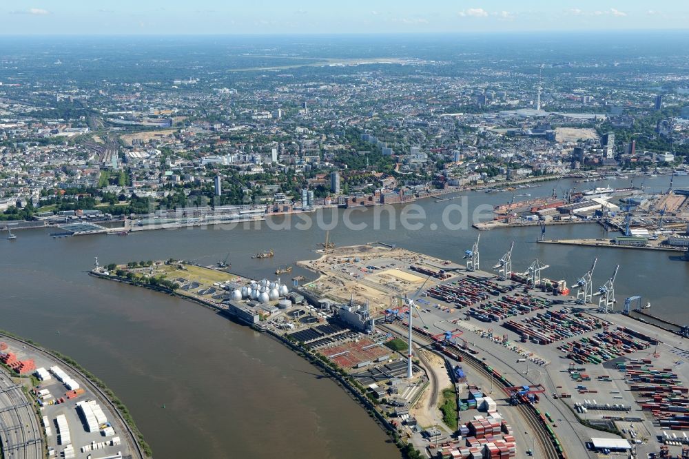 Hamburg von oben - Containerterminal Tollerort im Containerhafen des Überseehafen im Stadtteil Steinwerder in Hamburg mit dem Klärwerk Köhlbrandhöft