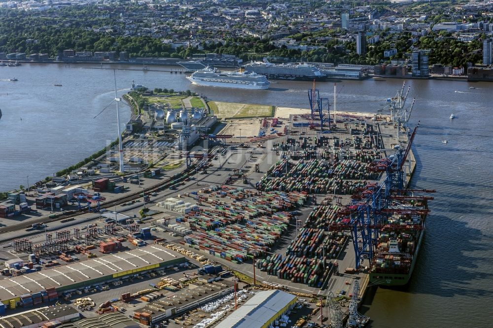 Hamburg aus der Vogelperspektive: Containerterminal Tollerort im Containerhafen des Überseehafen im Stadtteil Steinwerder in Hamburg mit dem Klärwerk Köhlbrandhöft