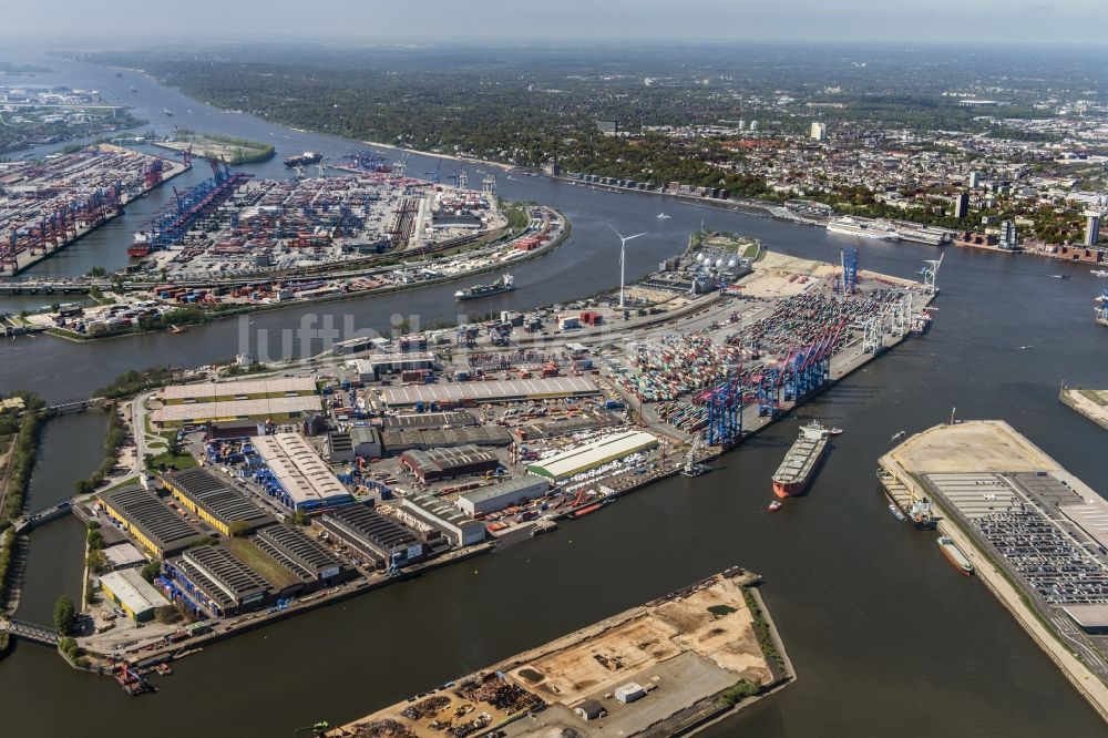 Luftbild Hamburg - Containerterminal Tollerort im Containerhafen des Überseehafen im Stadtteil Steinwerder in Hamburg mit dem Klärwerk Köhlbrandhöft