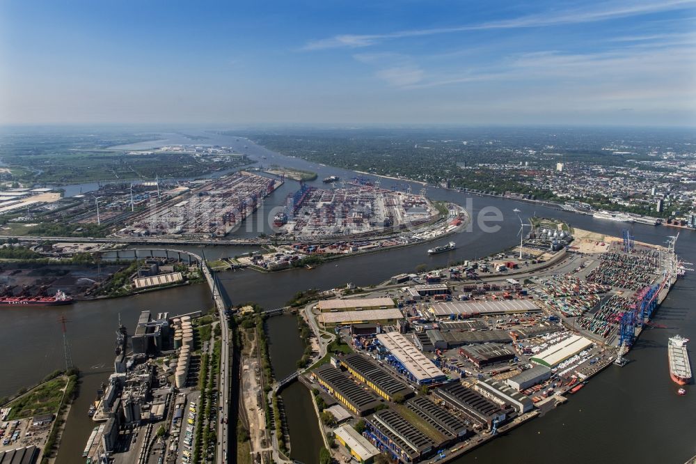 Hamburg aus der Vogelperspektive: Containerterminal Tollerort im Containerhafen des Überseehafen im Stadtteil Steinwerder in Hamburg mit dem Klärwerk Köhlbrandhöft