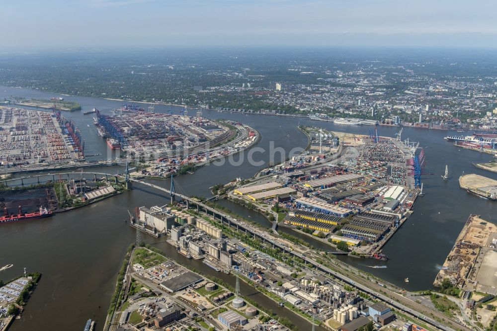 Luftaufnahme Hamburg - Containerterminal Tollerort im Containerhafen des Überseehafen im Stadtteil Steinwerder in Hamburg mit dem Klärwerk Köhlbrandhöft