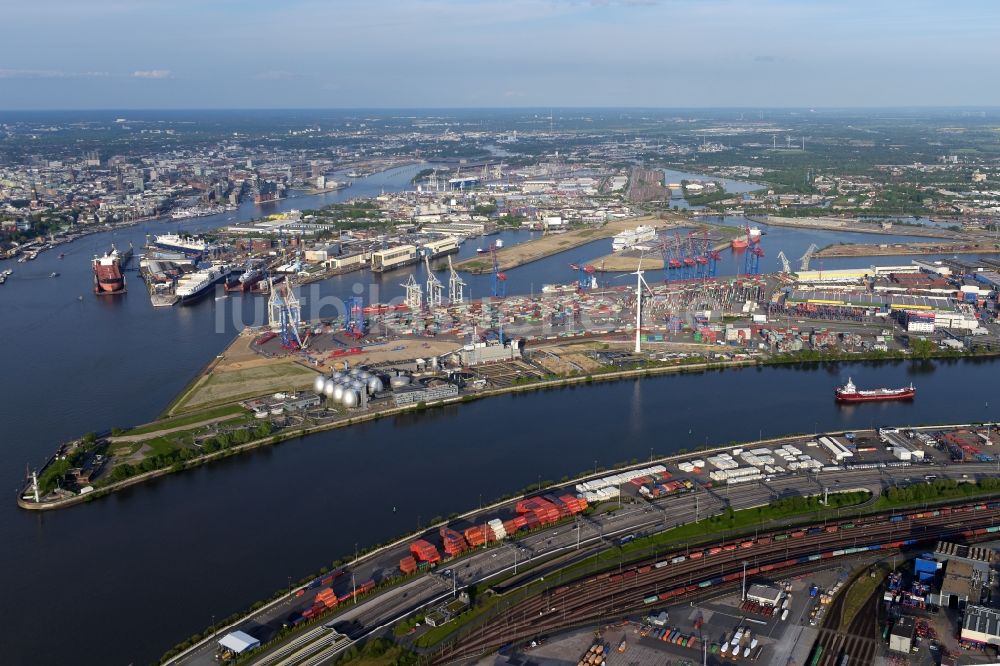 Hamburg von oben - Containerterminal Tollerort im Containerhafen des Überseehafen im Stadtteil Steinwerder in Hamburg mit dem Klärwerk Köhlbrandhöft