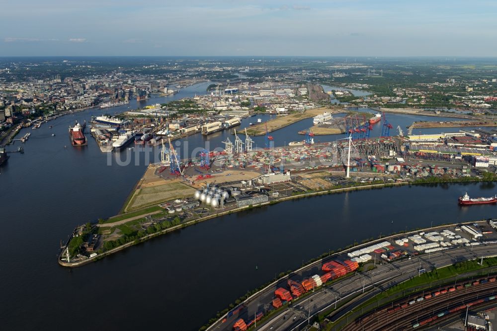 Hamburg aus der Vogelperspektive: Containerterminal Tollerort im Containerhafen des Überseehafen im Stadtteil Steinwerder in Hamburg mit dem Klärwerk Köhlbrandhöft