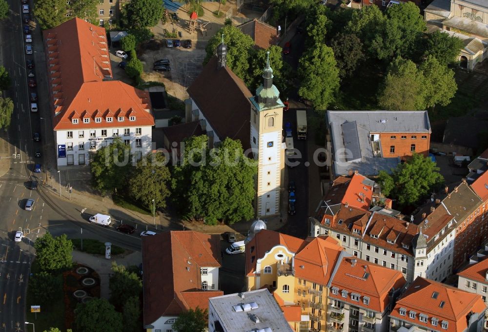 Erfurt von oben - Cruciskirche in Erfurt im Bundesland Thüringen