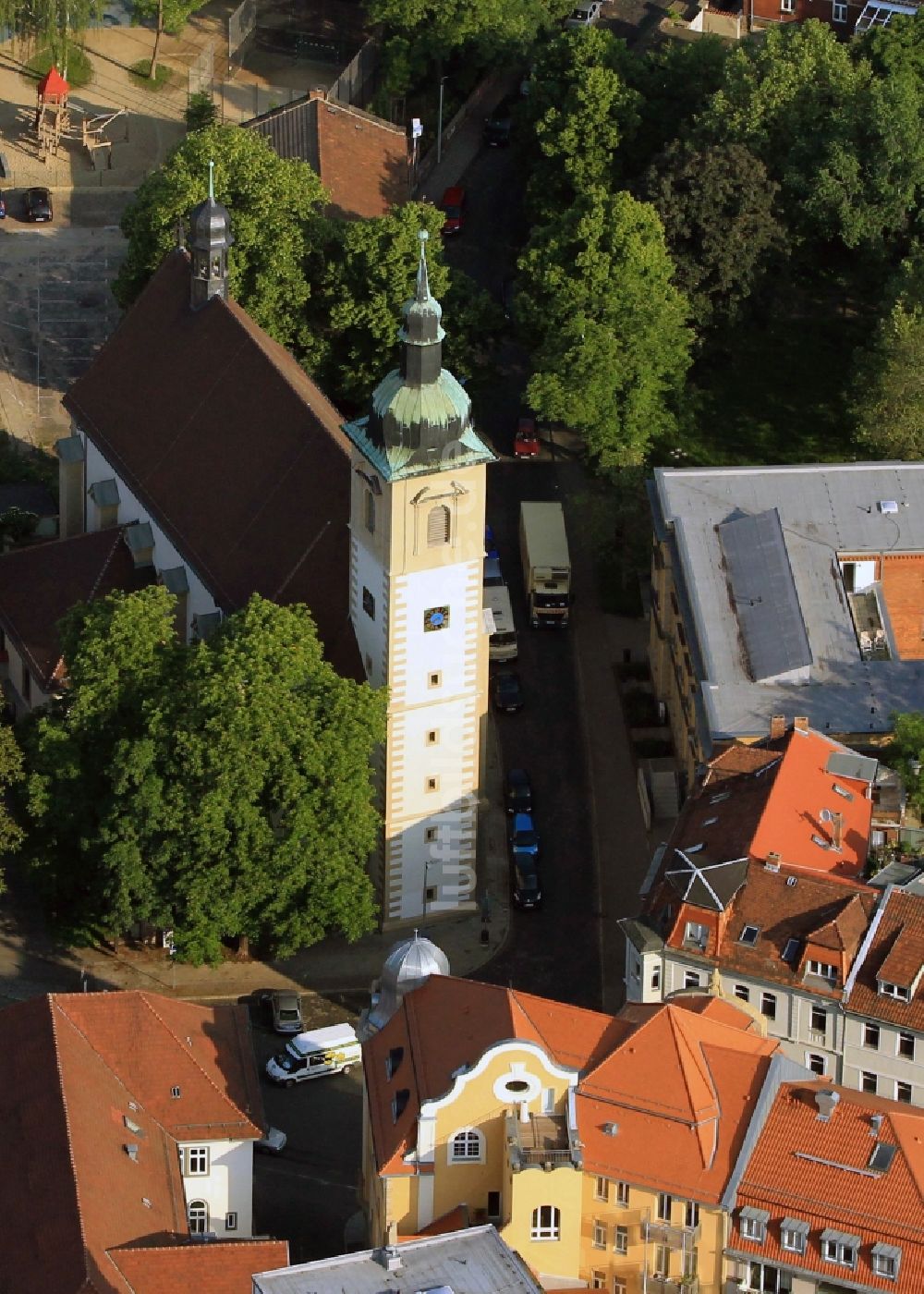 Erfurt aus der Vogelperspektive: Cruciskirche in Erfurt im Bundesland Thüringen