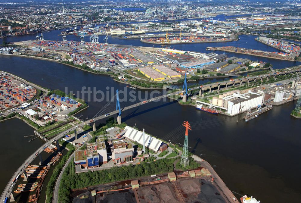 Hamburg von oben - Das E. H. Auto - Terminal und die Köhlbrandbrücke in Hamburg