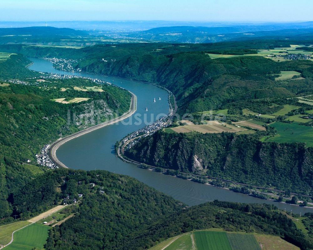 Luftbild Sankt Goarshausen - Das Gebiet um den Schieferfelsen Loreley am östlichen Rheinufer in Sankt Goarshausen im Bundesland Rheinland-Pfalz