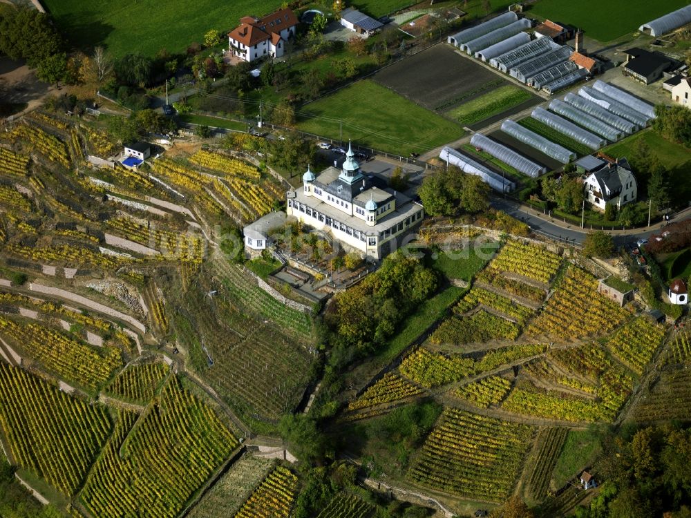 Radebeul von oben - Das Spitzhaus in den Weinbergen von Radebeul im Bundesland Sachsen