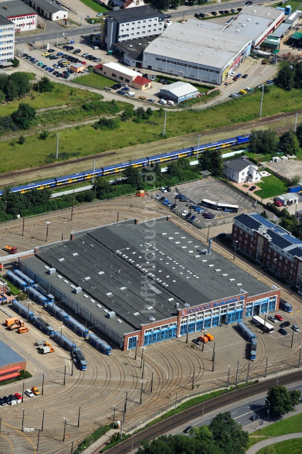 Rostock von oben - Depot der Rostocker Straßenbahn AG in Rostock im Bundesland Mecklenburg-Vorpommern