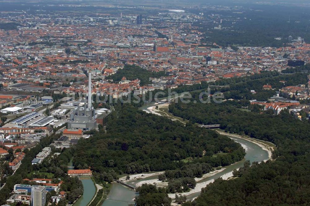 Luftaufnahme München - Der Flaucher ist ein Abschnitt der Isar im Stadtbezirk Sendling im Süden von München zwischen dem Flauchersteg im Süden und der Brudermühlbrücke