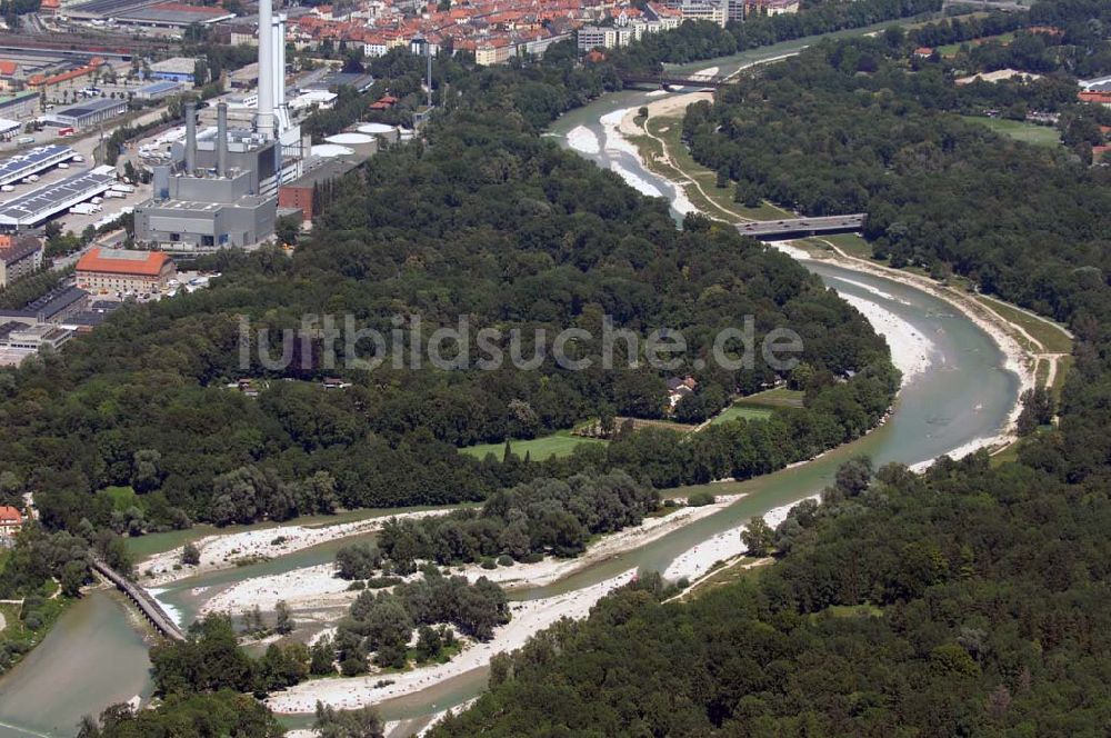 München aus der Vogelperspektive: Der Flaucher ist ein Abschnitt der Isar im Stadtbezirk Sendling im Süden von München zwischen dem Flauchersteg im Süden und der Brudermühlbrücke