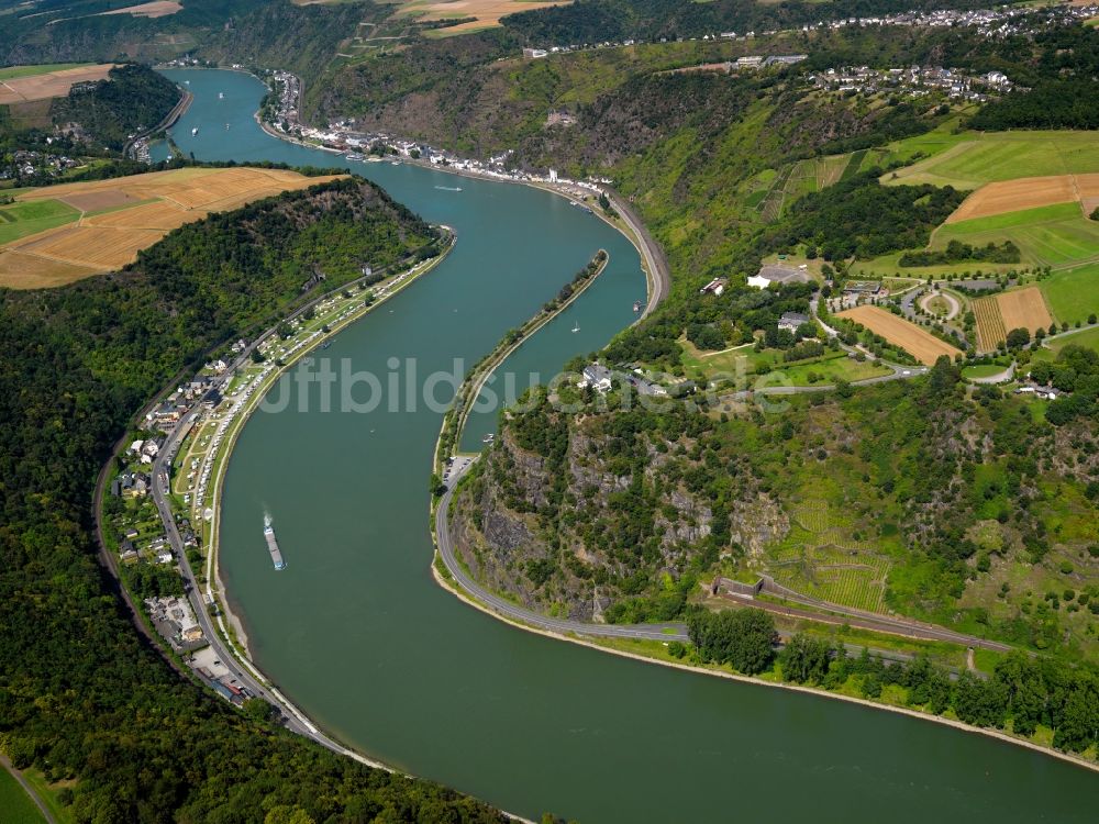 Luftbild Sankt Goarshausen - Der Schieferfelsen Loreley am östlichen Rheinufer in Sankt Goarshausen im Bundesland Rheinland-Pfalz