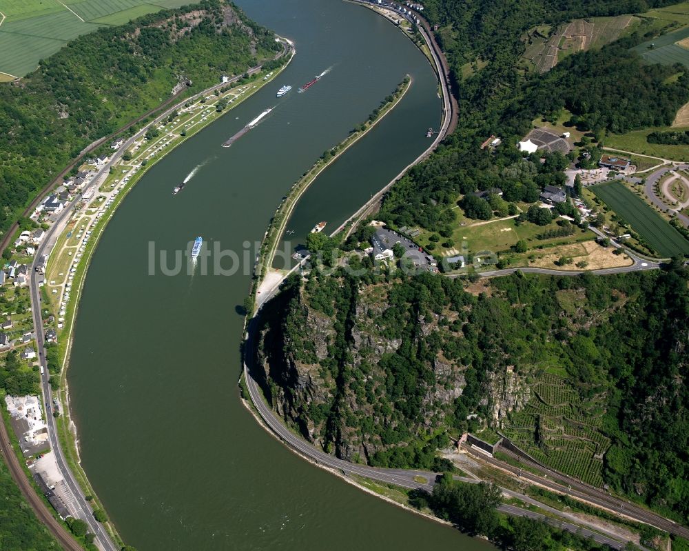 Sankt Goarshausen aus der Vogelperspektive: Der Schieferfelsen Loreley am östlichen Rheinufer in Sankt Goarshausen im Bundesland Rheinland-Pfalz