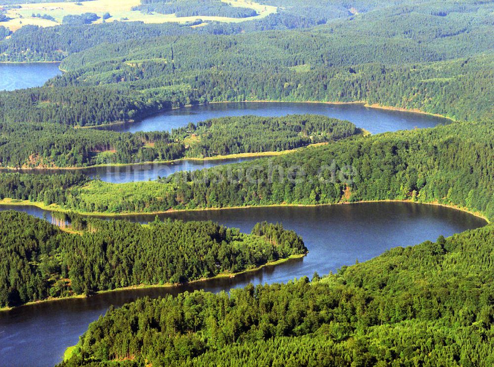 Saalburg aus der Vogelperspektive: Die Bleilochtalsperre in Saalburg in Thüringen