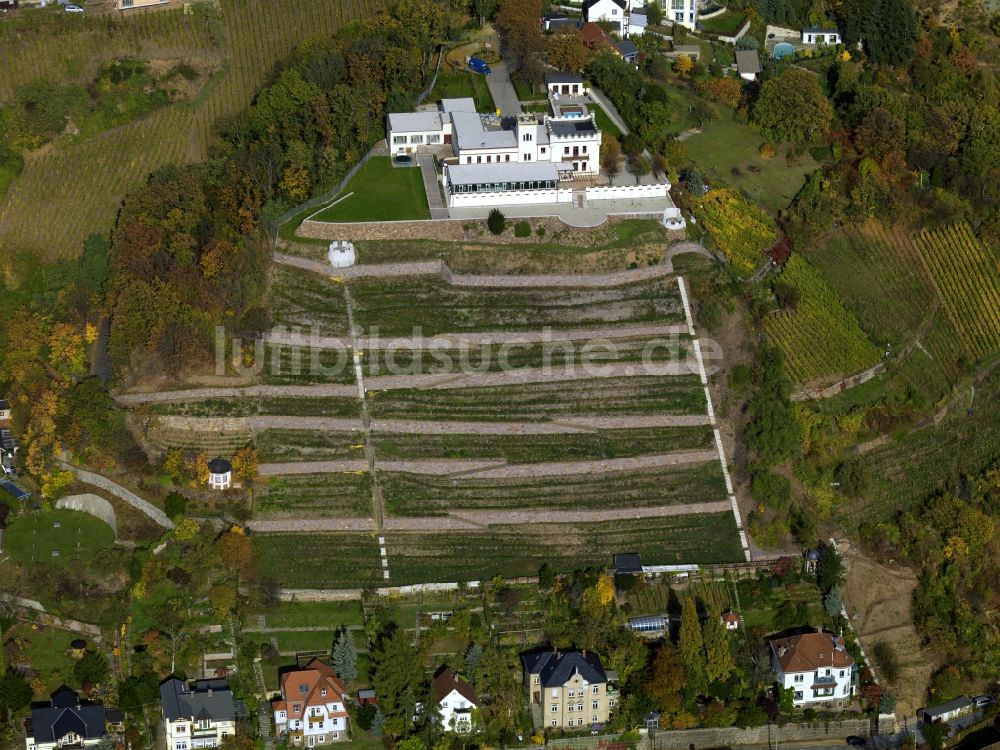 Luftaufnahme Radebeul - Die Friedensburg in den Weinbergen von Radebeul im Bundesland Sachsen