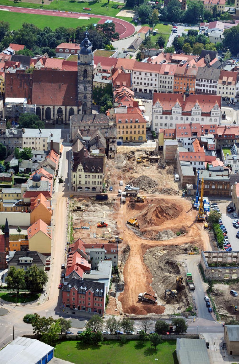 Wittenberg von oben - Die Großbaustelle des Einkaufszentrums Arsenal in der Innensatdt von Wittenberg in Sachsen-Anhalt