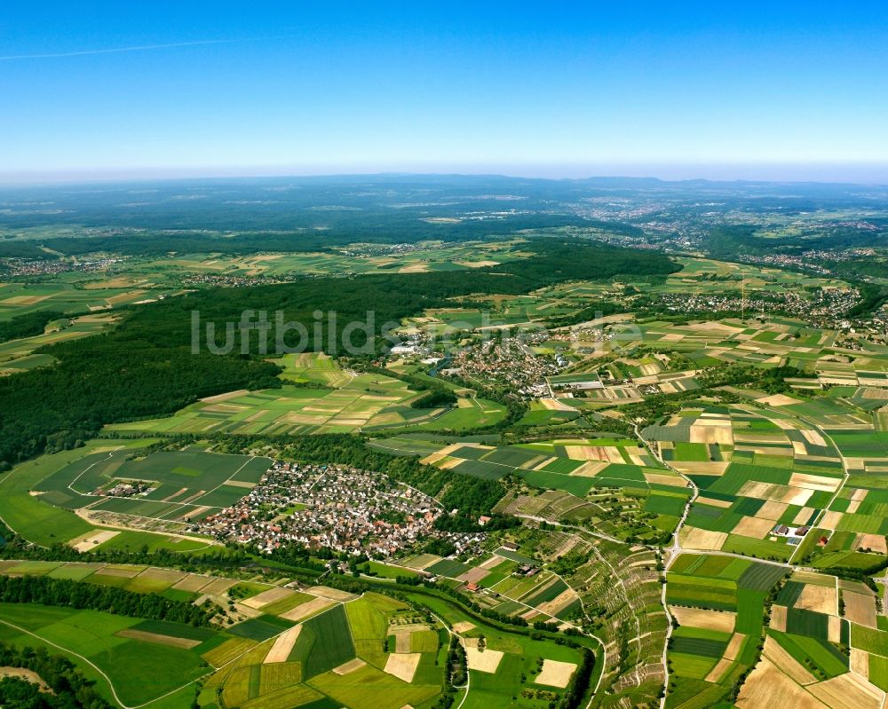 Mühlacker von oben - Die Landschaft an der Enz und der Stadtteil Lomersheim an der Enz in der Kreisstadt Mühlacker im Bundesland Baden-Württemberg