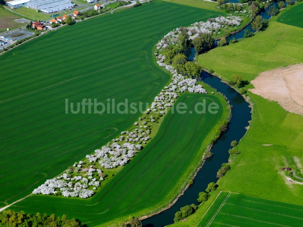 Creuzburg von oben - Die Werra am südlichen Stadtrand von Creuzburg im Bundesland Thüringen