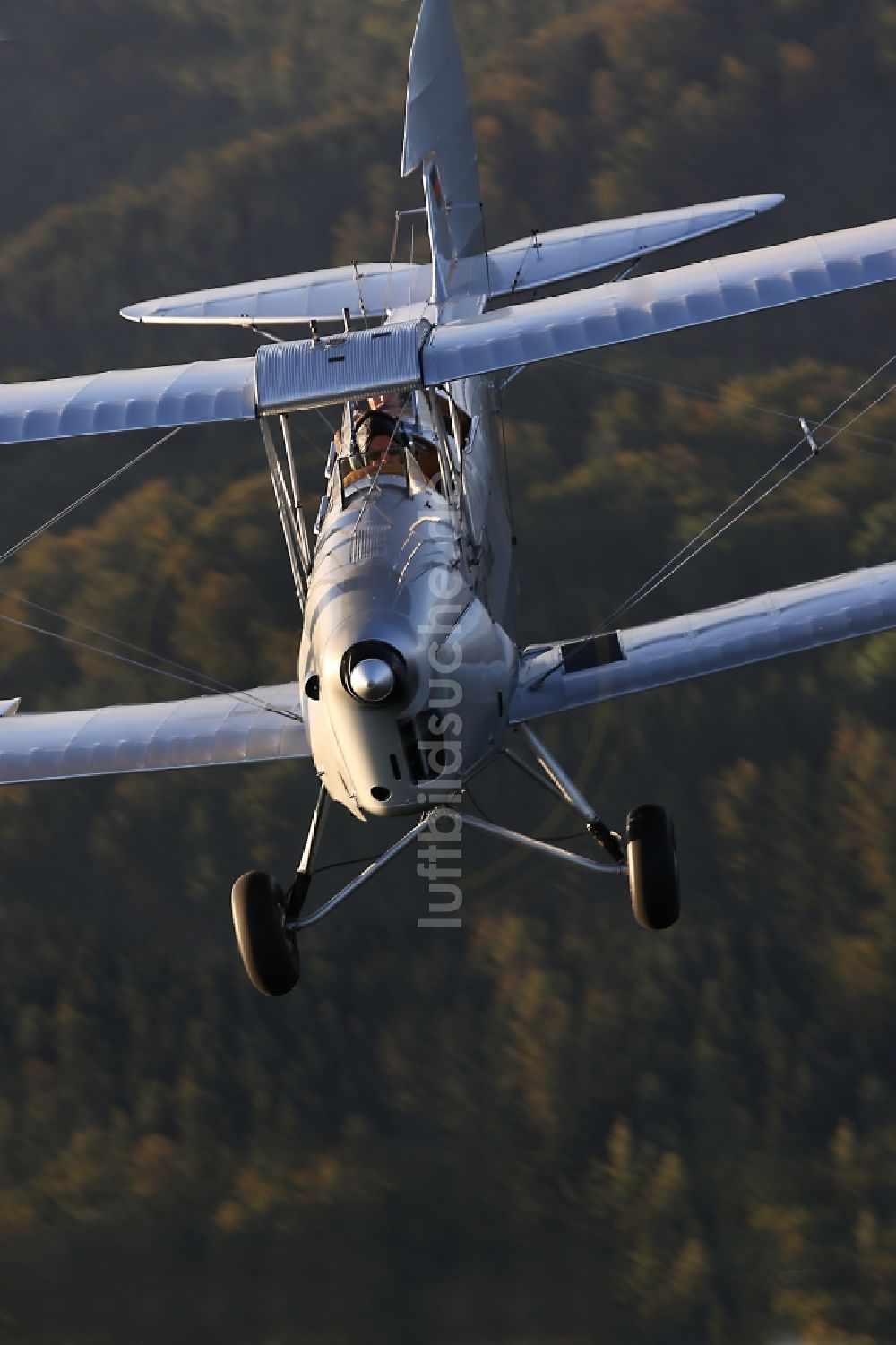 Luftbild Mengen - Doppeldecker / Schulflugzeug / Flugzeug vom Typ de Havilland D.H.82 Tiger Moth nahe dem Flugplatz in Mengen im Bundesland Baden-Württemberg