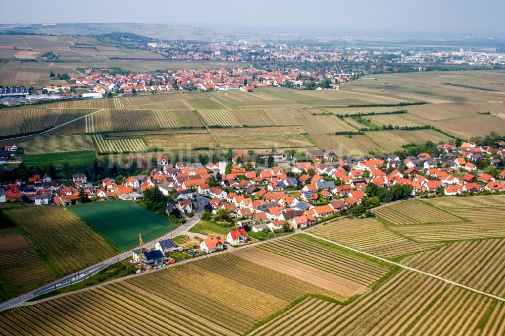 Kleinkarlbach aus der Vogelperspektive: Dorf - Ansicht am Rande von Feldern in Kleinkarlbach im Bundesland Rheinland-Pfalz, Deutschland