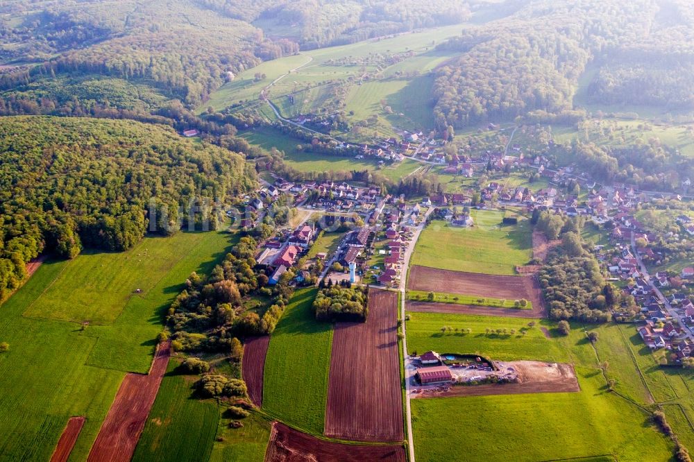 Luftaufnahme Langensoultzbach - Dorf - Ansicht am Rande von Feldern in Langensoultzbach in Grand Est, Frankreich